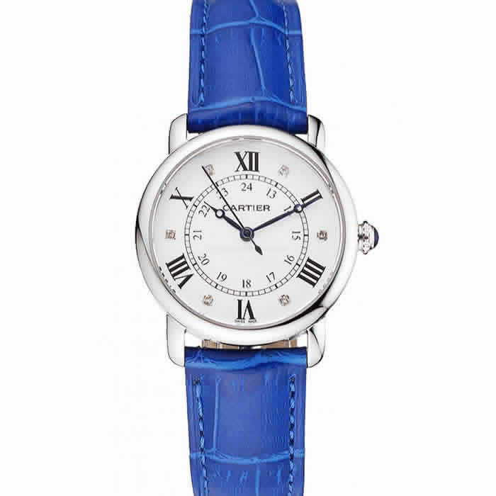 Cartier Ronde White Dial Diamond Hour Marks Stainless Steel Case Blue Leather Strap