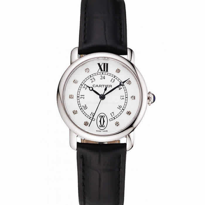 Cartier Ronde White Dial Diamond Hour Marks Stainless Steel Case Black Leather Strap