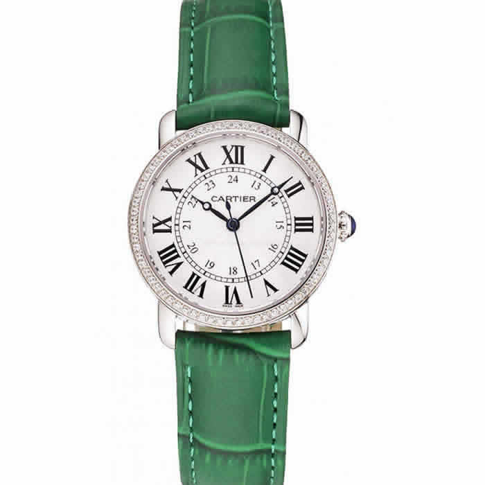 Cartier Ronde White Dial Diamond Bezel Stainless Steel Case Green Leather Strap