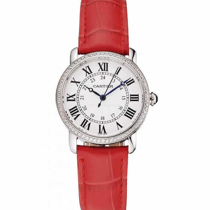 Cartier Ronde White Dial Diamond Bezel Stainless Steel Case Red Leather Strap