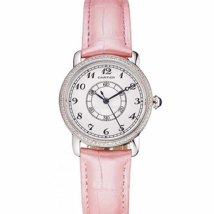 Cartier Ronde White Dial Diamond Bezel Stainless Steel Case Pink Leather Strap