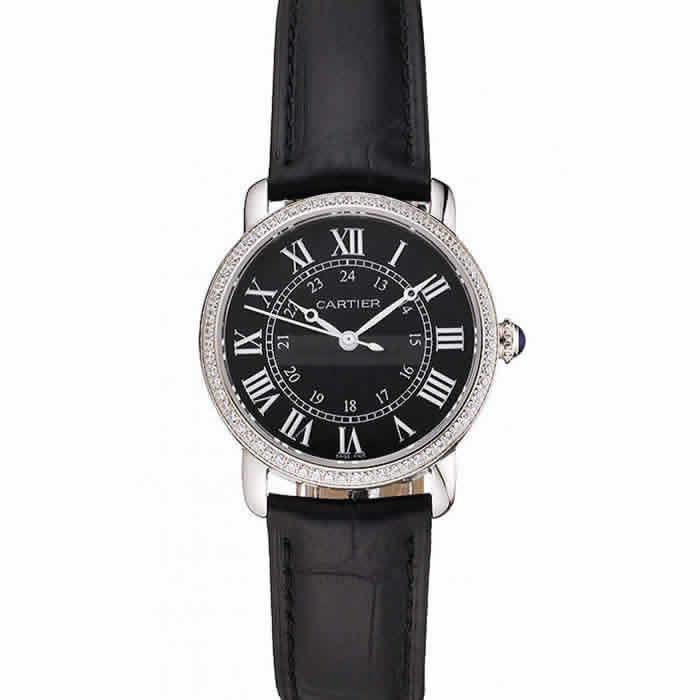 Cartier Ronde Black Dial Diamond Bezel Stainless Steel Case Black Leather Strap