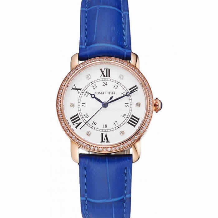 Cartier Ronde White Dial Diamond Bezel Rose Gold Case Blue Leather Strap