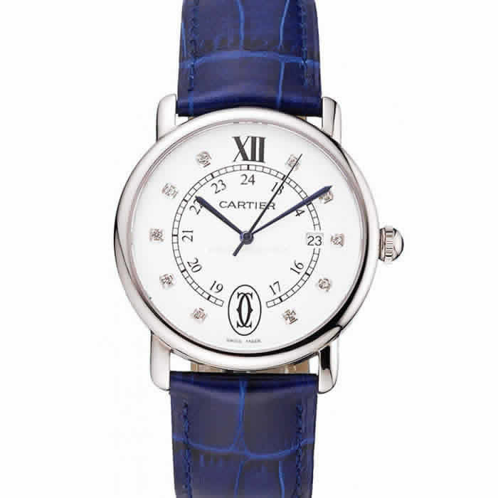 Cartier Ronde Solo White Dial Diamond Hour Marks Stainless Steel Case Blue Leather Strap