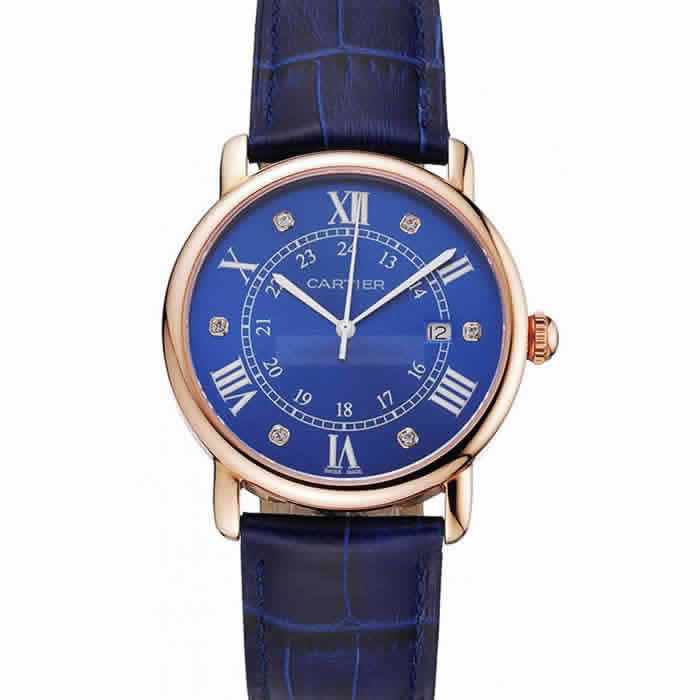 Cartier Ronde Solo Blue Dial Diamond Hour Marks Rose Gold Case Blue Leather Strap