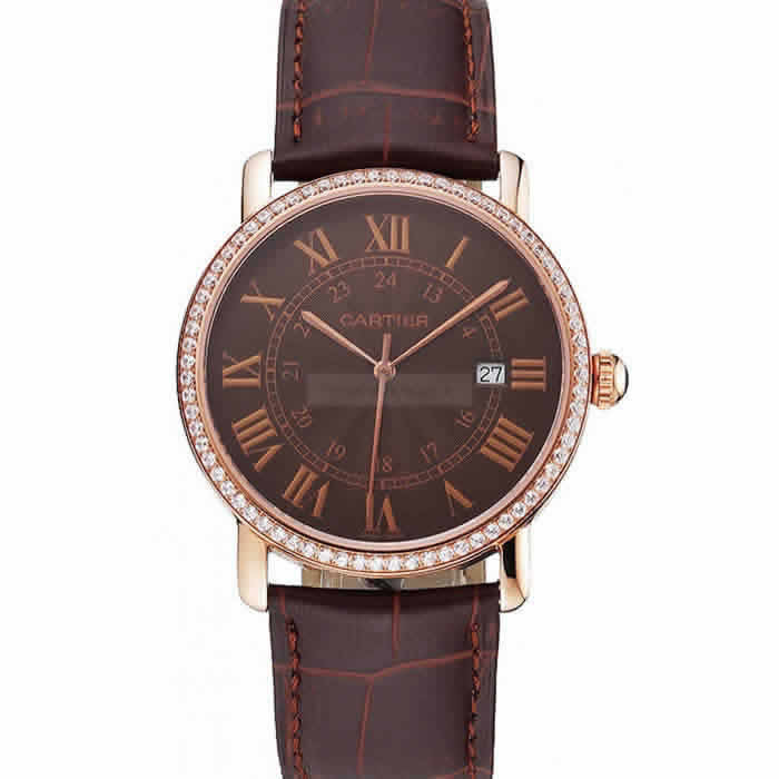 Cartier Ronde Solo Brown Dial Diamond Bezel Rose Gold Case Brown Leather Strap