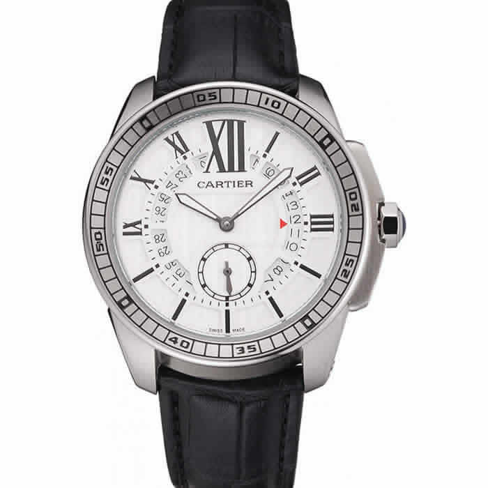 Cartier Calibre De Cartier Small Seconds White Dial Stainless Steel Case Black Leather Strap