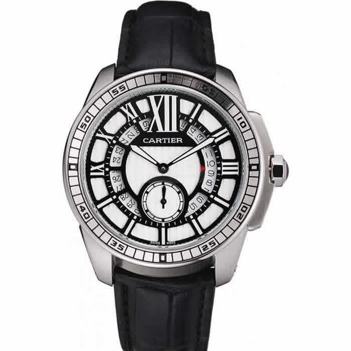 Cartier Calibre De Cartier Small Seconds Black And White Dial Stainless Steel Case Black Leather Strap