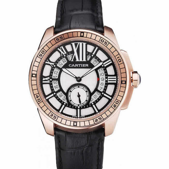 Cartier Calibre De Cartier Small Seconds Black And White Dial Rose Gold Case Black Leather Strap