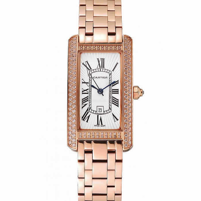 Cartier Tank Americaine White Dial Diamond Bezel Rose Gold Case And Bracelet 1453779