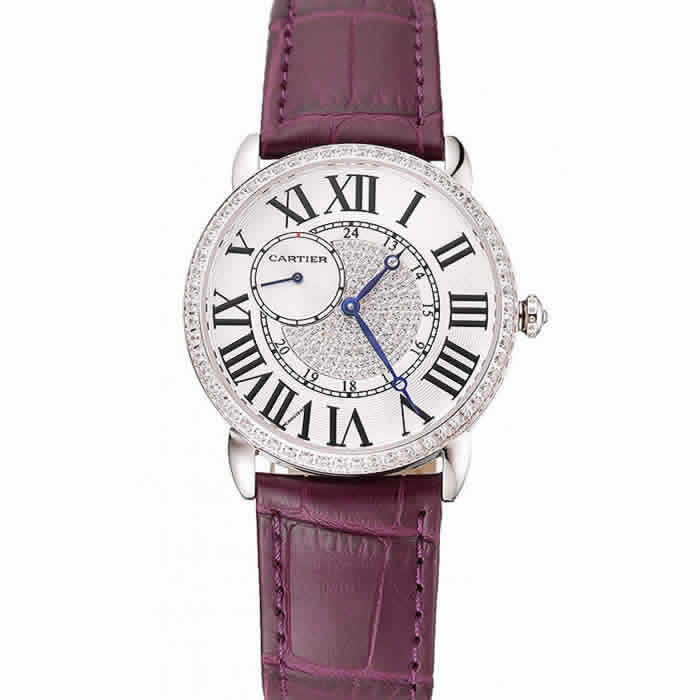 Cartier Ronde Louis Silver Diamond Case White Dial Purple Leather Bracelet 1454009