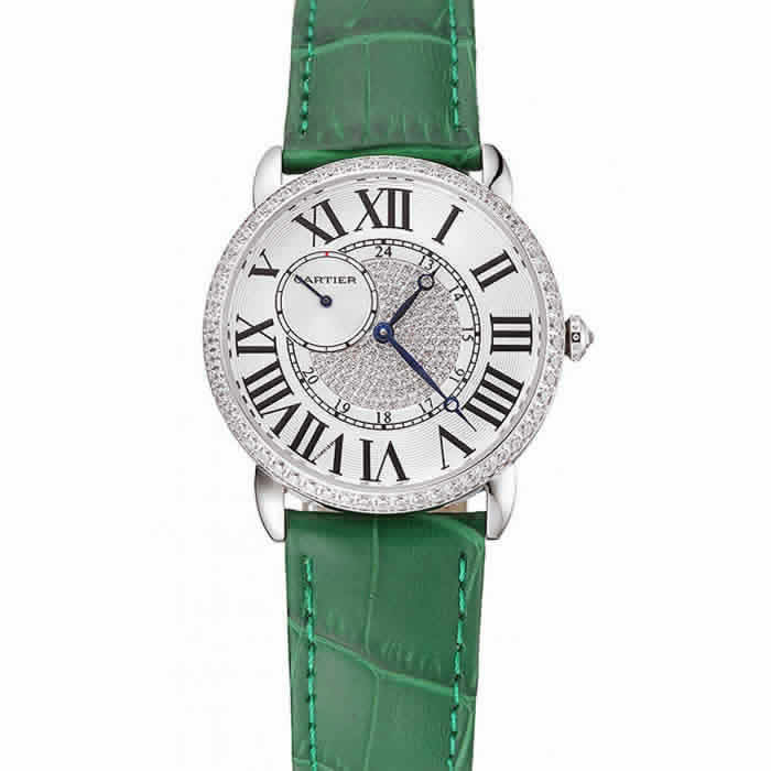 Cartier Ronde Louis Silver Diamond Case White Dial Green Leather Bracelet 1454012