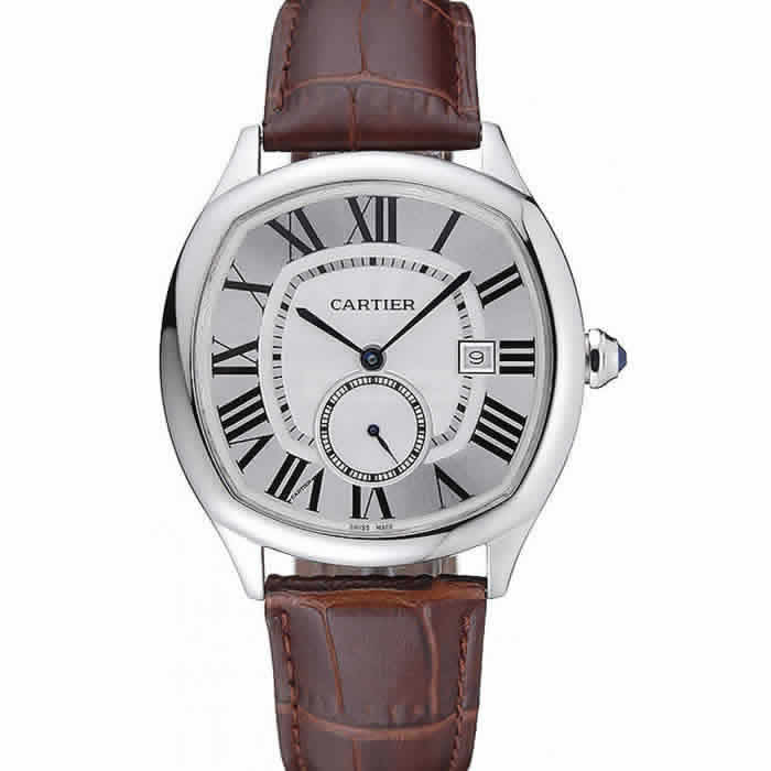 Cartier Drive De Cartier White Dial Silver Case Brown Leather Bracelet 1454210