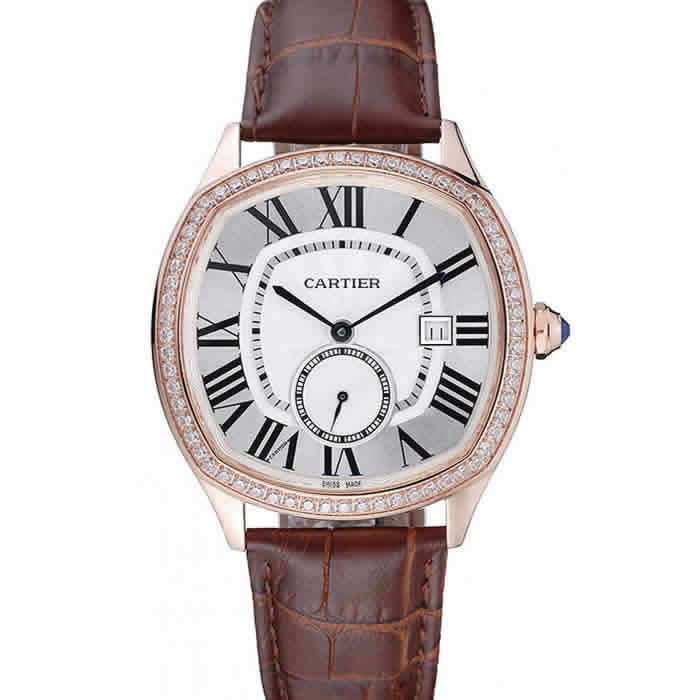 Cartier Drive De Cartier White Dial Silver Diamond Case Brown Leather Bracelet 1454216