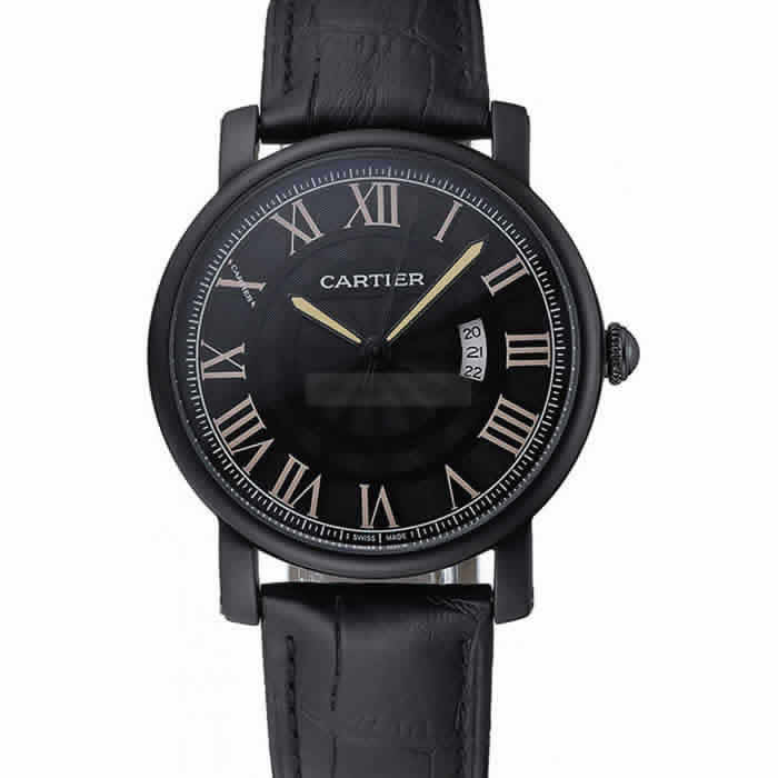 Cartier Rotonde Black Dial Black Case Black Leather Bracelet  1454218