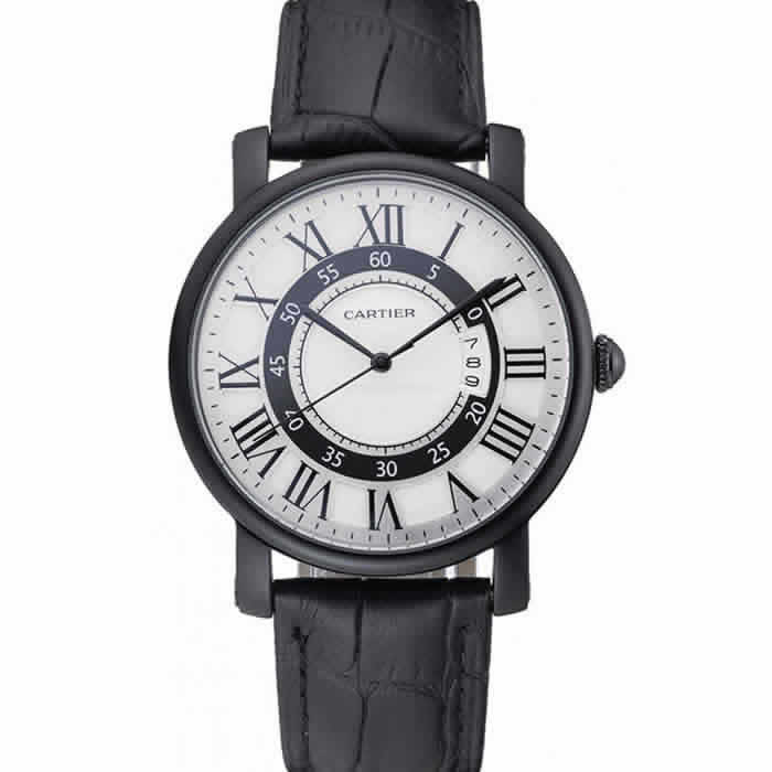 Cartier Rotonde White And Black Dial Black Case Black Leather Bracelet  1454219