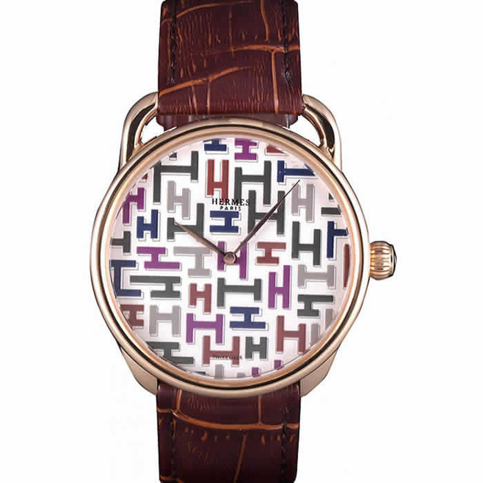Hermes Classic Croco Leather Strap Multicolor Patterned Logo Dial 801402