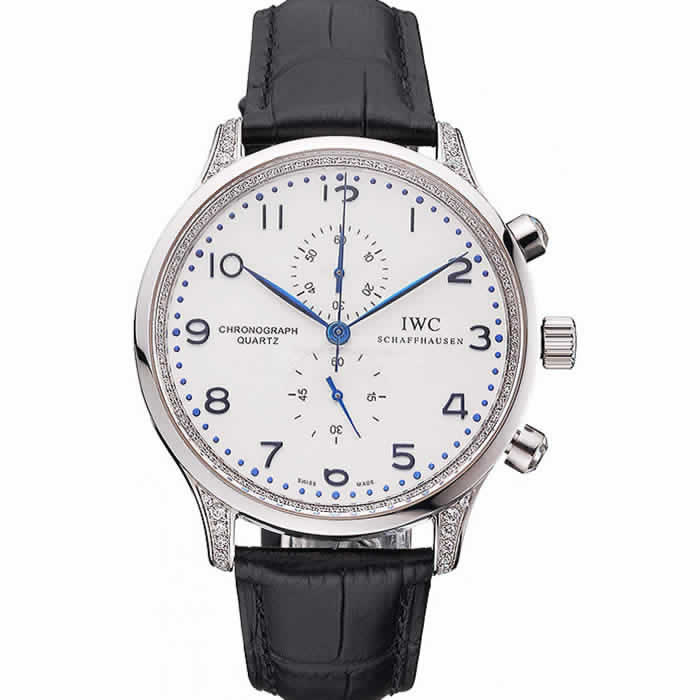 IWC Portugieser Chronograph White Dial Blue Hands And Numerals Steel Case With Diamonds Black Leather Strap