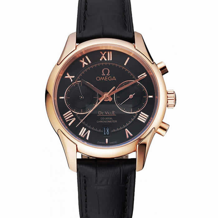 Omega DeVille Rose Gold Bezel with Black Dial and Black Leather Strap  621569