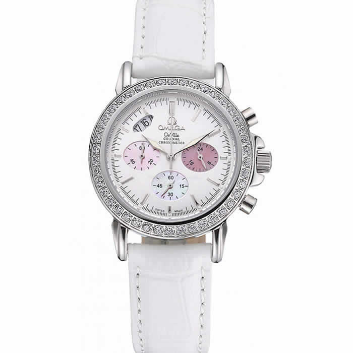 Omega De Ville Chronograph White Dial Stainless Steel Diamond Case White Leather Bracelet  622453