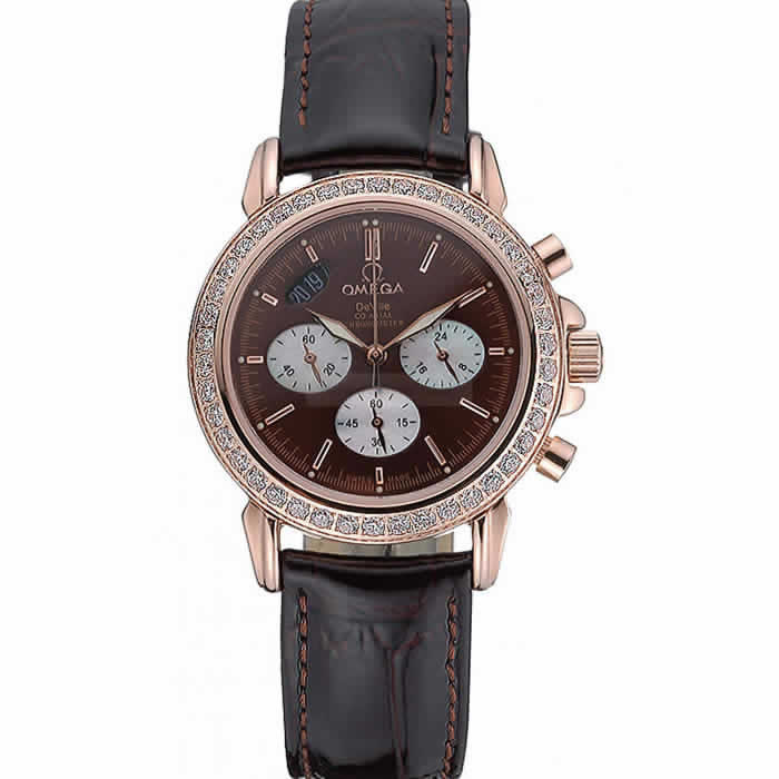 Omega De Ville Chronograph Brown Dial Gold Diamond Case Brown Leather Bracelet  622457