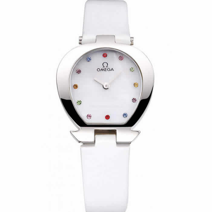 Omega Ladies Watch White Dial With Jewels Stainless Steel Case White Leather Strap  622817