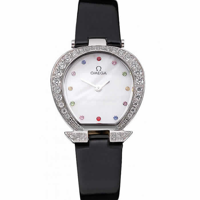 Omega Ladies Watch White Dial With Jewels Stainless Steel Case With Diamonds Case White Leather Strap  622826