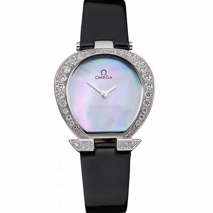 Omega Ladies Watch Pearl Dial Stainless Steel Case With Diamonds Black Leather Strap  622828