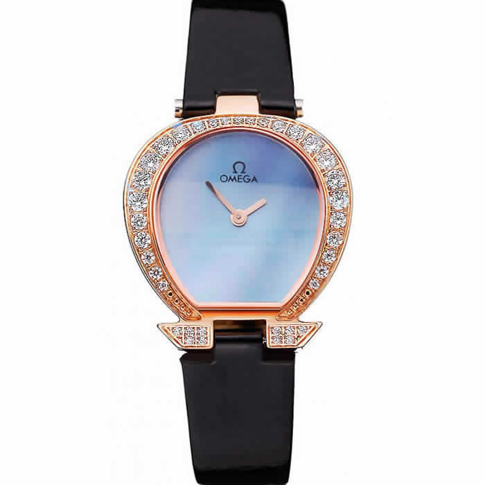 Omega Ladies Watch Blue Dial Gold Case With Diamonds Black Leather Strap  622830