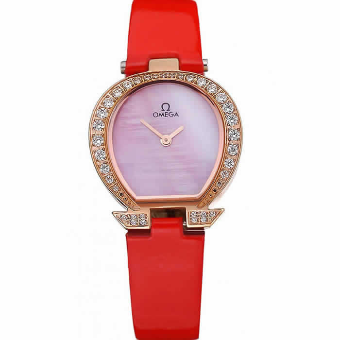 Omega Ladies Watch Pink Dial Gold Case With Diamonds Red Leather Strap  622831