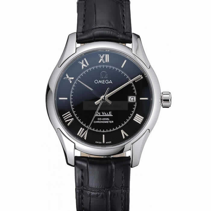 Omega DeVille Black Dial Stainless Steel Case Black Leather Strap  622829