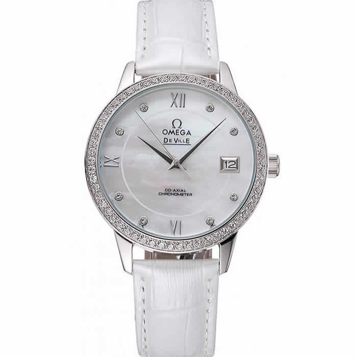 Omega DeVille Prestige Co-Axial Diamond Silver Case Mother-Of-Pearl Dial White Leather Strap