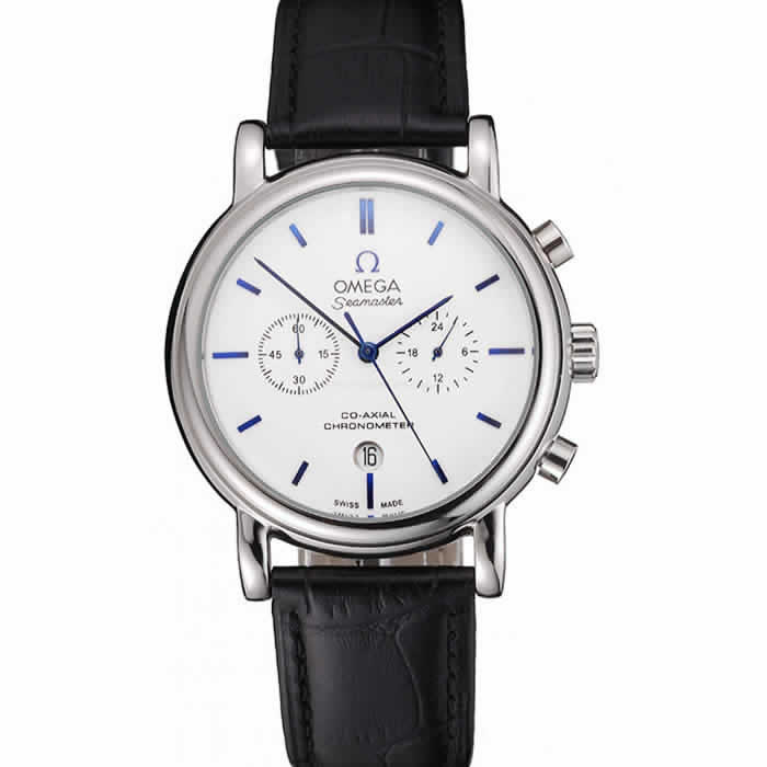 Omega Seamaster Vintage Chronograph White Dial Blue Hour Marks Stainless Steel Case Black Leather Strap