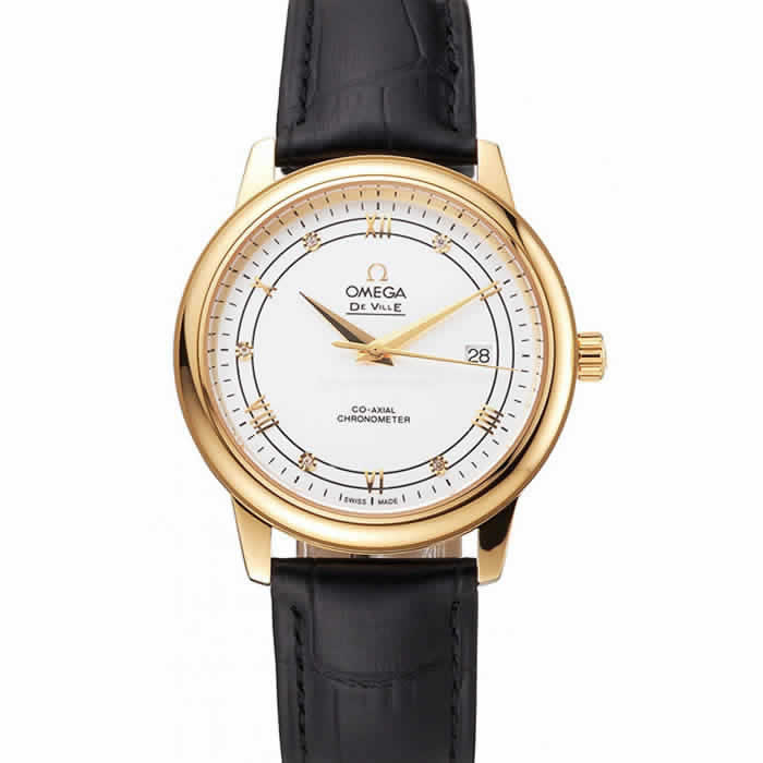 Omega De Ville Prestige White Dial Gold Case Black Leather Strap