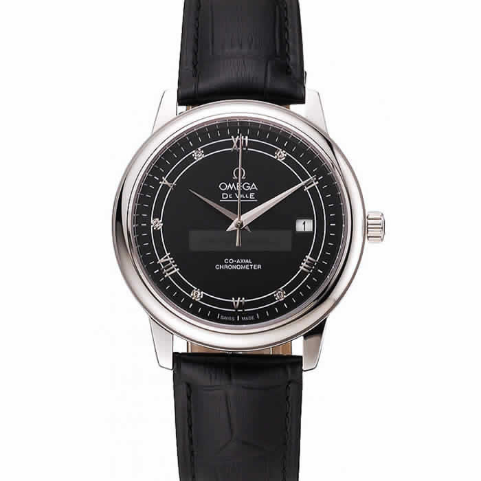 Omega De Ville Prestige Black Dial Stainless Steel Case Black Leather Strap