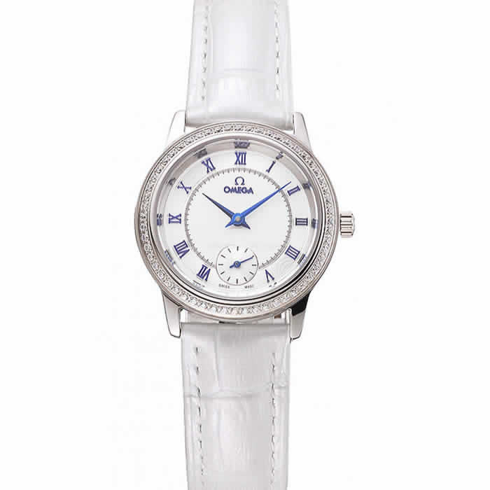 Omega De Ville Prestige Small Seconds White Dial Diamond Bezel Stainless Steel Case White Leather Strap