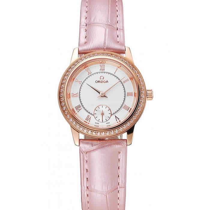 Omega De Ville Prestige Small Seconds White Dial Diamond Bezel Rose Gold Case Pink Leather Strap