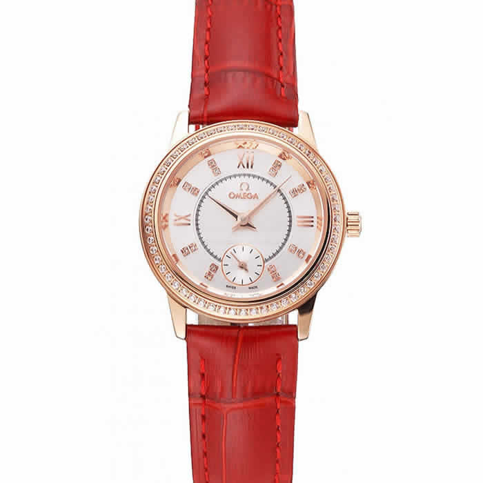 Omega De Ville Prestige Small Seconds White Dial Diamond Bezel Rose Gold Case Red Leather Strap