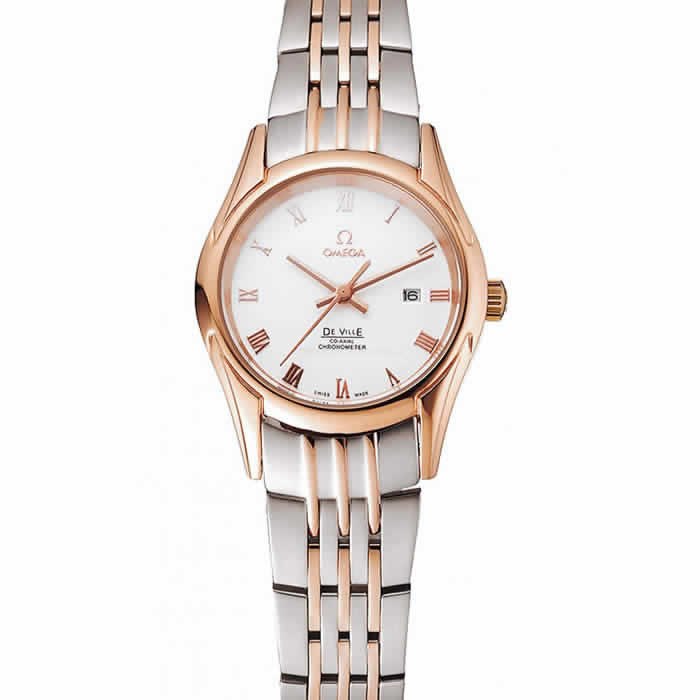 Omega De Ville Ladies White Dial Rose Gold Case Two Tone Bracelet 1453782