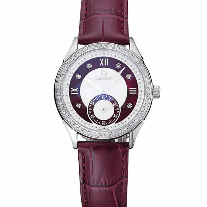 Omega DeVille Prestige Dark Red Dial Silver Diamond Case Dark Red Leather Bracelet  1454121