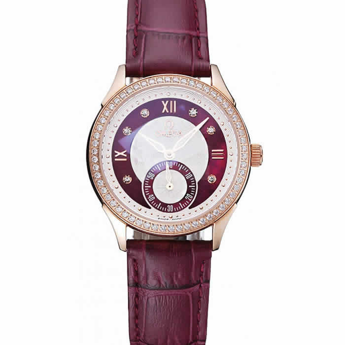 Omega DeVille Prestige Dark Red Dial Gold Diamond Case Dark Red Leather Bracelet  1454125