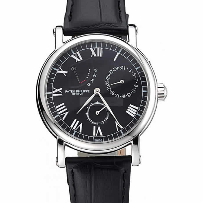 Patek Philippe Geneve Complications Black Dial Stainless Steel Bezel Black Leather Band   622141