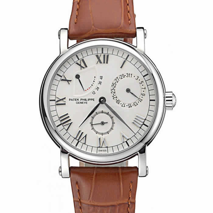 Patek Philippe Geneve Complications White Dial Stainless Steel Brown Leather Band  622142