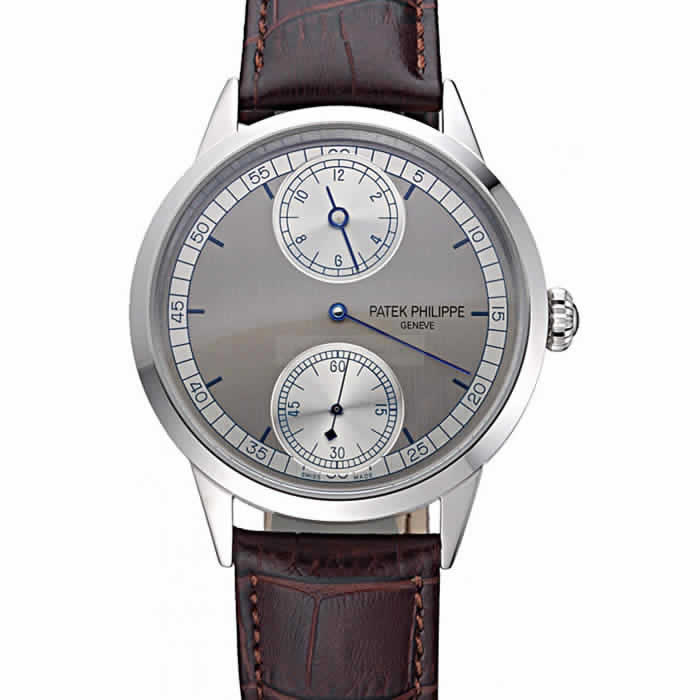 Patek Philippe Geneve Two Dial Gray Dial Stainless Steel Bezel Brown Leather Band  622147