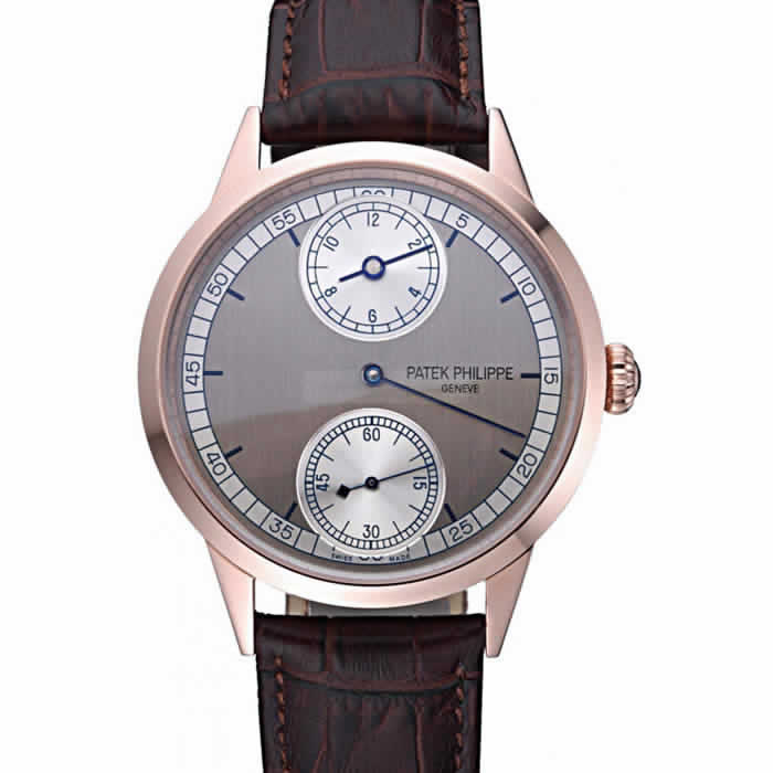 Patek Philippe Geneve Two Dial Gray Dial Rose Gold Bezel Brown Leather Band  622148