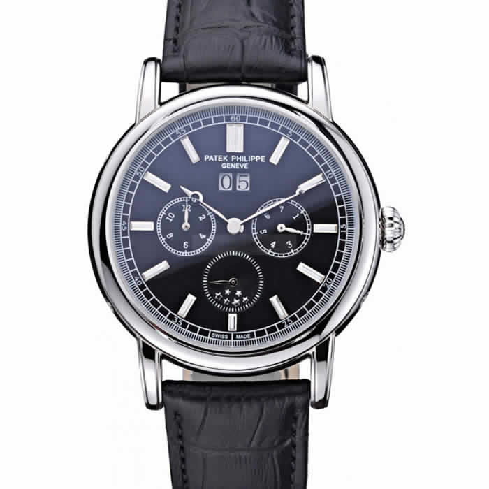 Patek Philippe Geneve Grand Complications Black Dial Stainless Steel Bezel Black Leather Band  622153