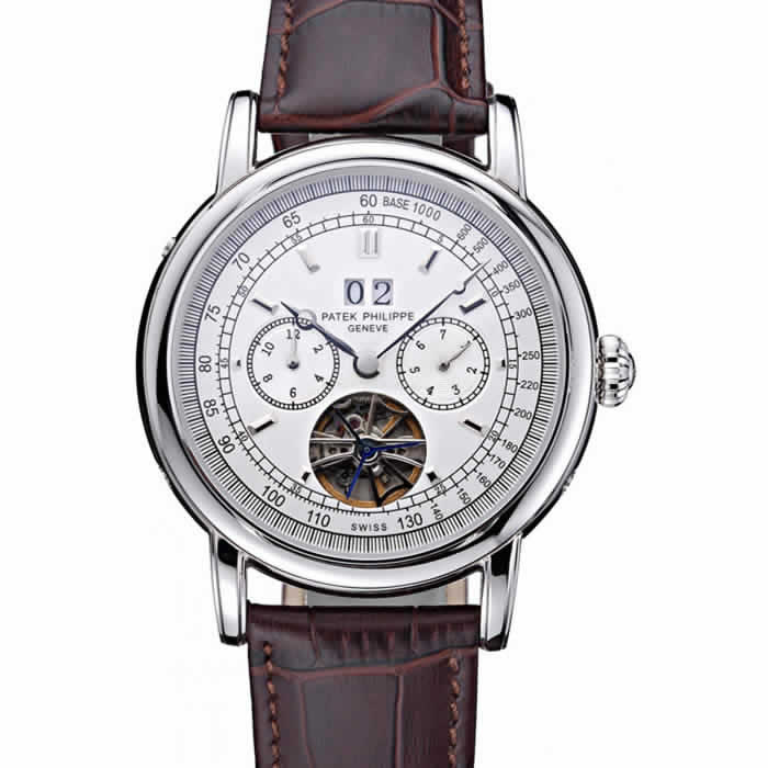 Patek Philippe Geneve Grand Complications White Dial Tourbillon Stainless Steel Bezel Brown Band  622154