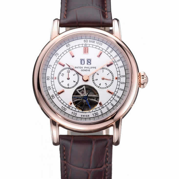 Patek Philippe Geneve Grand Complications White Dial Tourbillon Rose Gold Bezel Brown Band  622156