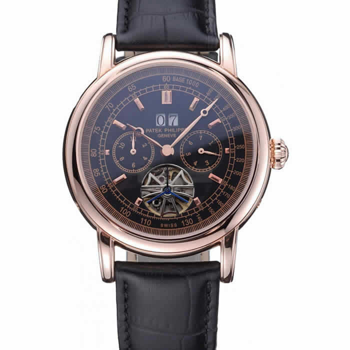 Patek Philippe Geneve Grand Complications Black Dial Tourbillon Rose Gold Bezel Black Band  622157