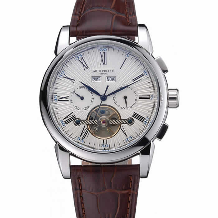 Patek Philippe Grand Complications Stainless Steel Case White Dial Roman Numerals Brown Leather Strap 622254